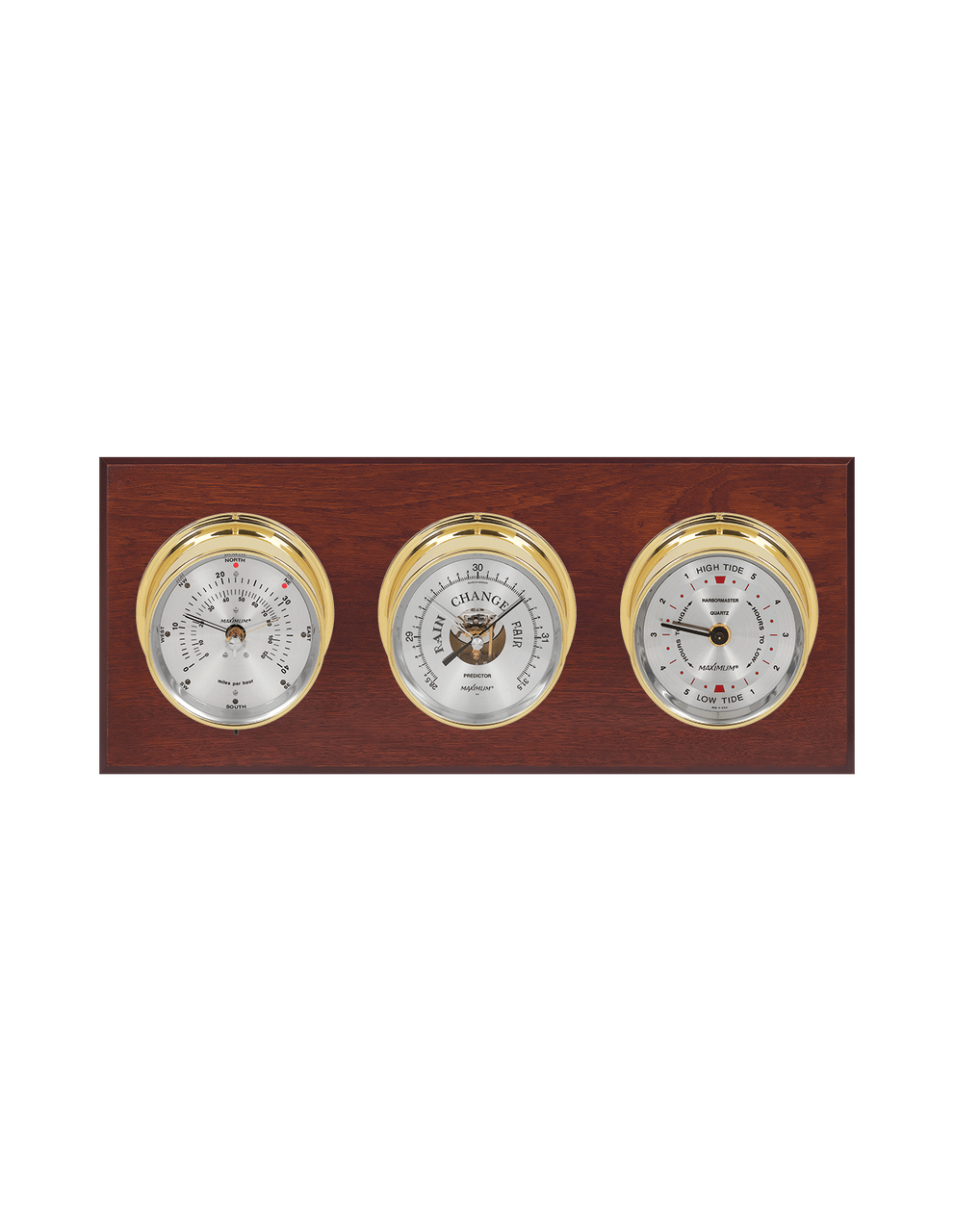 Newport Wind, Thermometer, and Tide Weather Station - 3 Instruments - Polished Brass Cases  - Mahogany - 2 Scales -Reads 0-120 mph