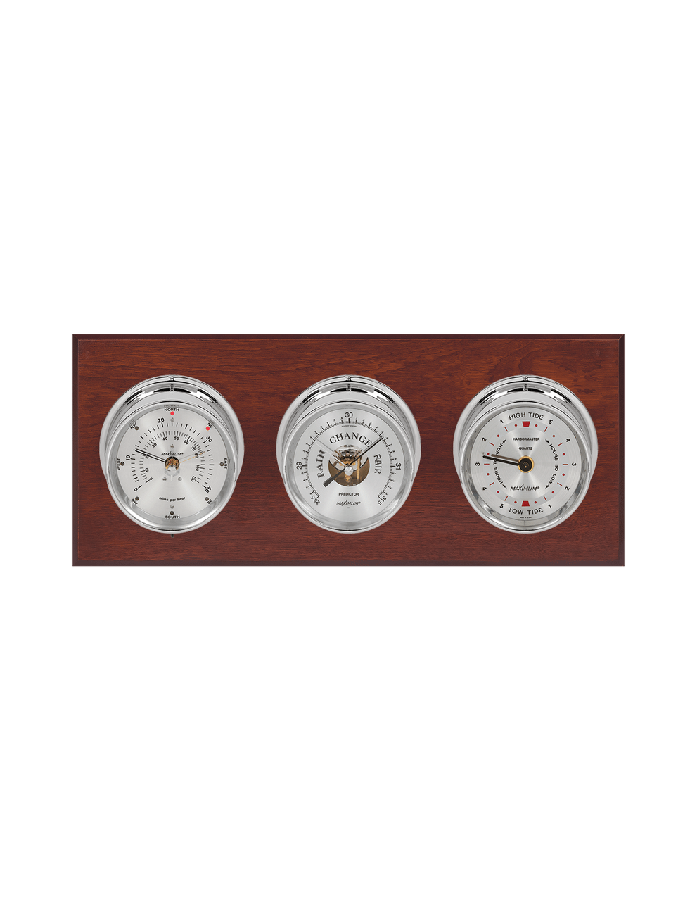 Newport Wind, Thermometer, and Tide Weather Station - 3 Instruments - Polished Chrome Cases  - Mahogany - 2 Scales -Reads 0-120 mph