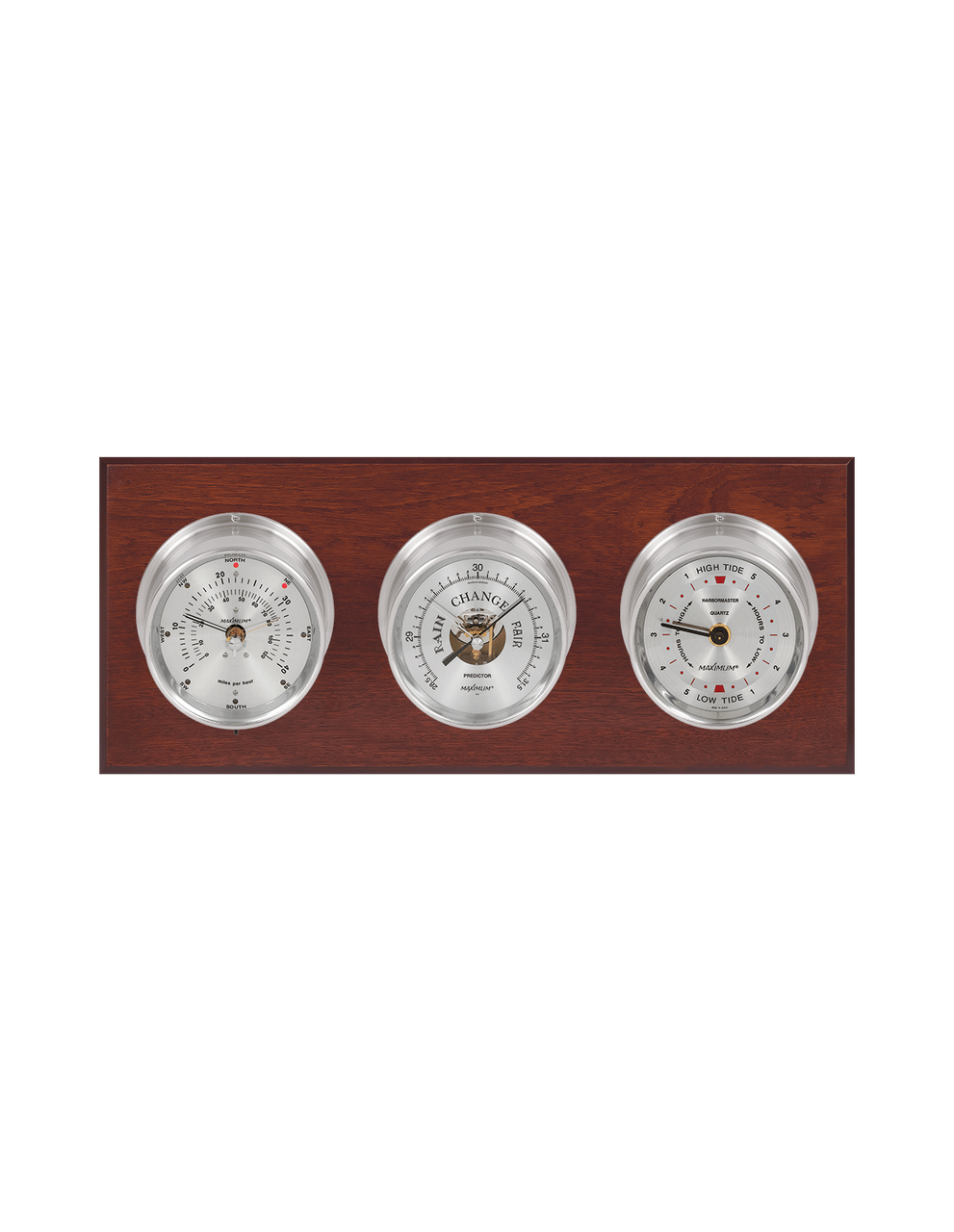 Newport Wind, Thermometer, and Tide Weather Station - 3 Instruments - Satin Nickel Cases  - Mahogany - 2 Scales -Reads 0-120 mph