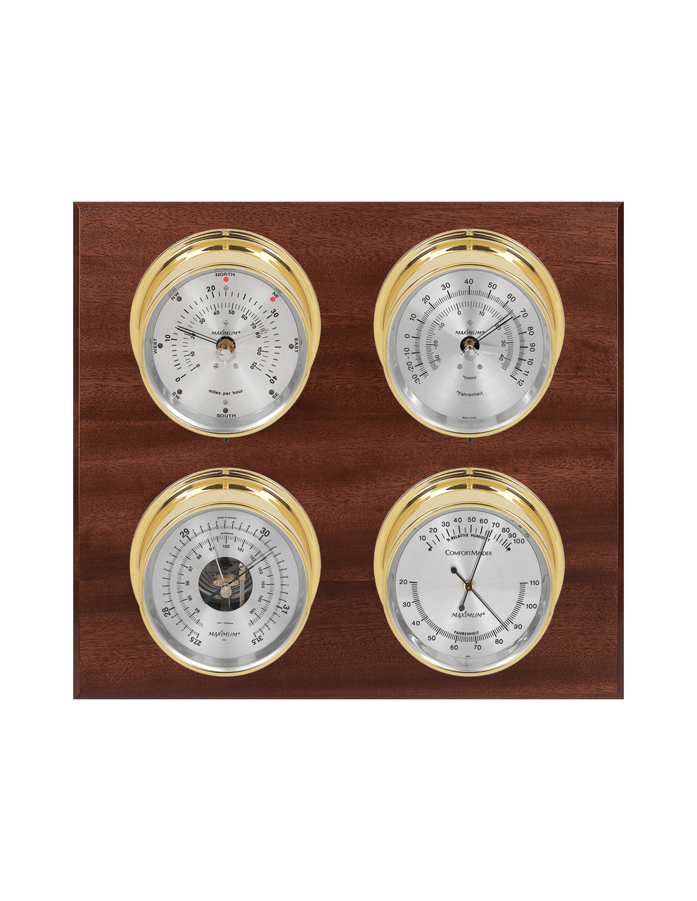 Observer Wind, Thermometer, Barometer, and Humidity Weather Station - 4 Instruments - Polished Brass Cases - Mahogany - Silver Face - 2 Scales -Reads 0-120 mph