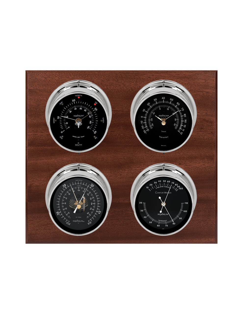 Observer Wind, Thermometer, Barometer, and Humidity Weather Station - 4 Instruments - Polished Chrome Cases - Mahogany - Black Face - 2 Scales -Reads 0-120 mph