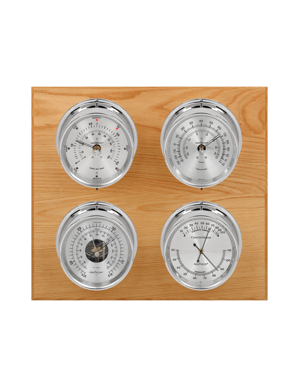 Observer Wind, Thermometer, Barometer, and Humidity Weather Station - 4 Instruments - Polished Chrome Cases - Oak - Silver Face - 2 Scales -Reads 0-120 mph