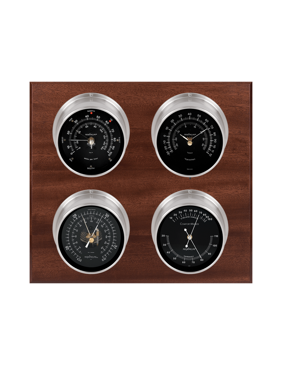 Observer Wind, Thermometer, Barometer, and Humidity Weather Station - 4 Instruments - Satin Nickel Cases - Mahogany - Black Face - Reads 0-100 mph