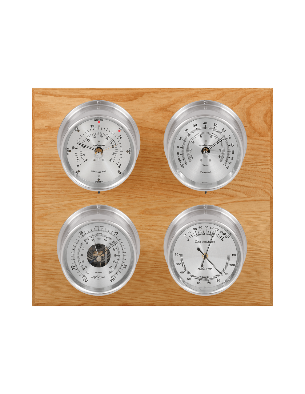 Observer Wind, Thermometer, Barometer, and Humidity Weather Station - 4 Instruments - Satin Nickel Cases - Oak - Silver Face - 2 Scales -Reads 0-120 mph