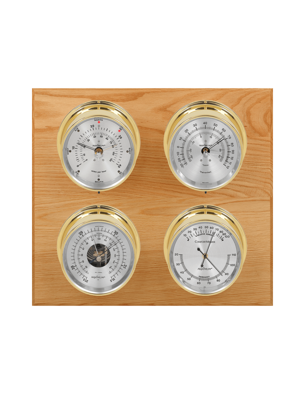 Observer Wind, Thermometer, Barometer, and Humidity Weather Station - 4 Instruments - PVD Brass Cases - Oak - Silver Face - 2 Scales -Reads 0-120 mph