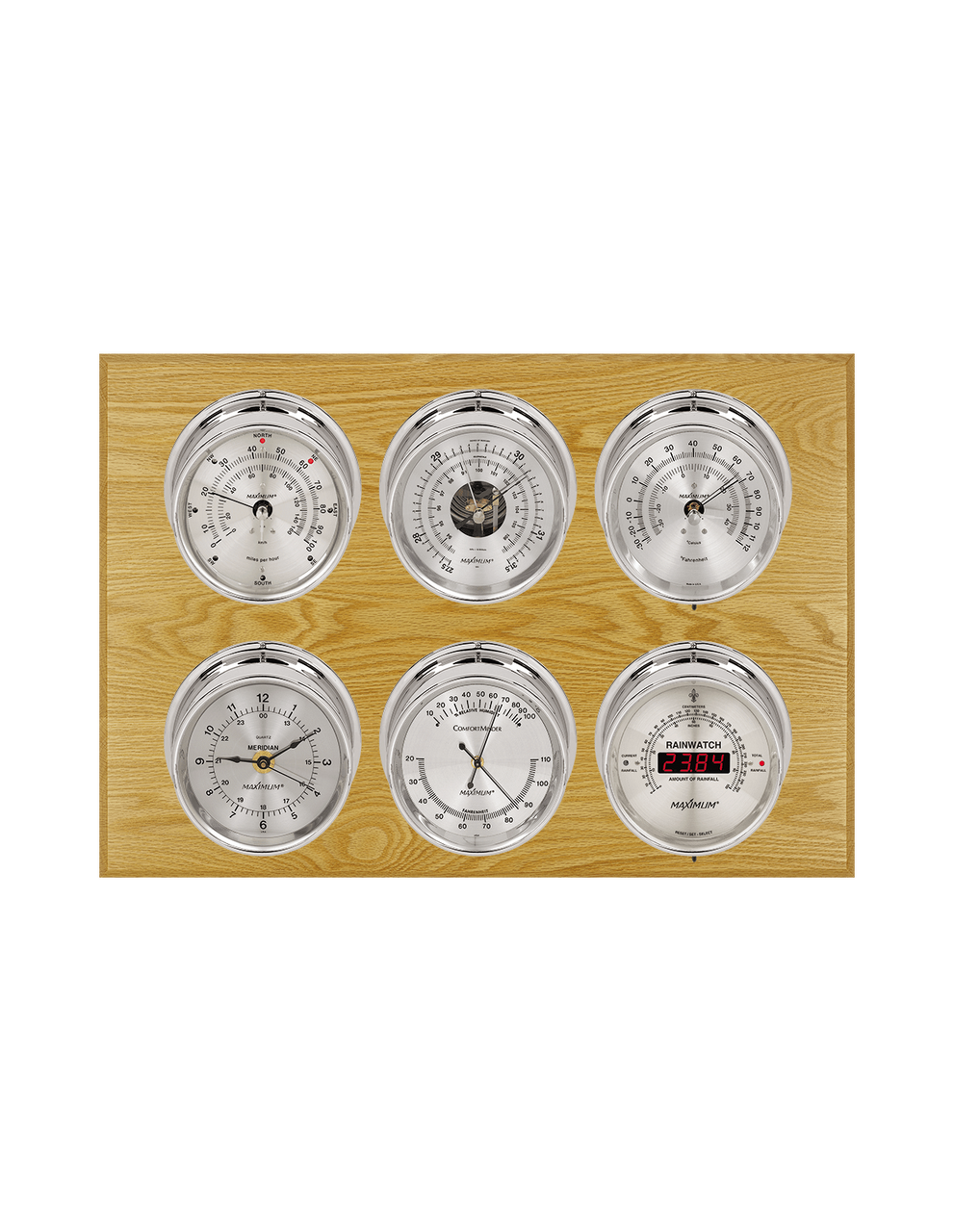 Weathermaster Wind, Thermometer, Barometer, Humidity, Rainfall, and Time Weather Station - 6 Instruments - Polished Chrome Cases - Oak - Silver Face -  Reads 0-100 mph