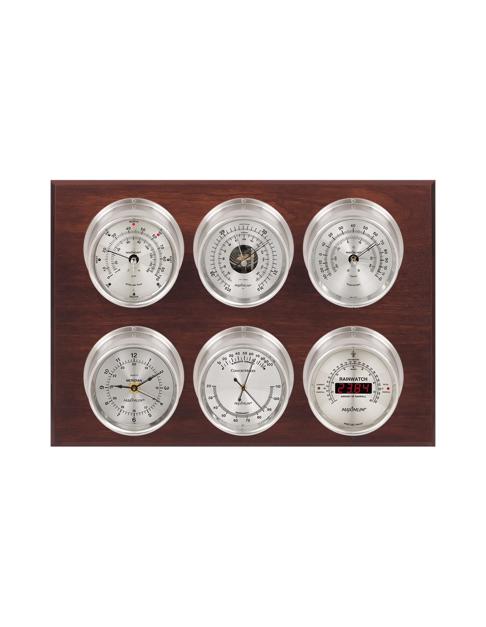 Weathermaster Wind, Thermometer, Barometer, Humidity, Rainfall, and Time Weather Station - 6 Instruments - Satin Nickel Cases - Mahogany - Silver Face -  Reads 0-100 mph