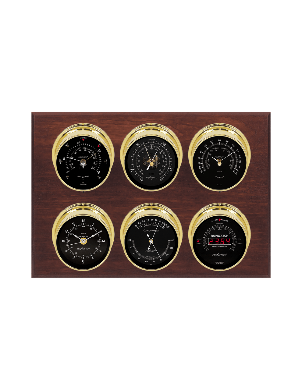 Weathermaster Wind, Thermometer, Barometer, Humidity, Rainfall, and Time Weather Station - 6 Instruments - PVD Brass Cases - Mahogany -  Black Face - 2 Scales -Reads 0-120 mph