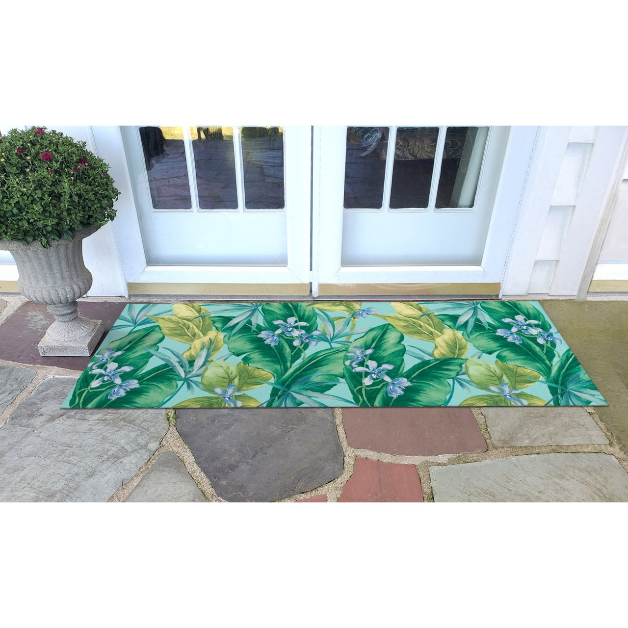 Illusions Tropical Leaf Indoor/Outdoor Rug - Aqua - 6 Sizes - Lifestyle