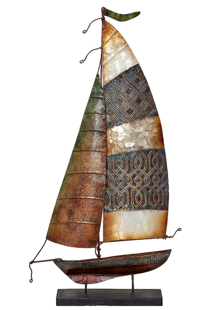 Back of Rustic Sailboat on Stand - 19" x 10" - Metal & Capiz Art