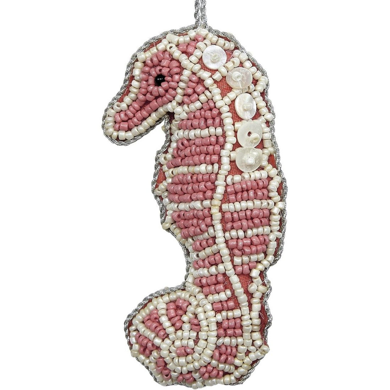 Seahorse Mother of Pearl & Beads Ornament - Coral