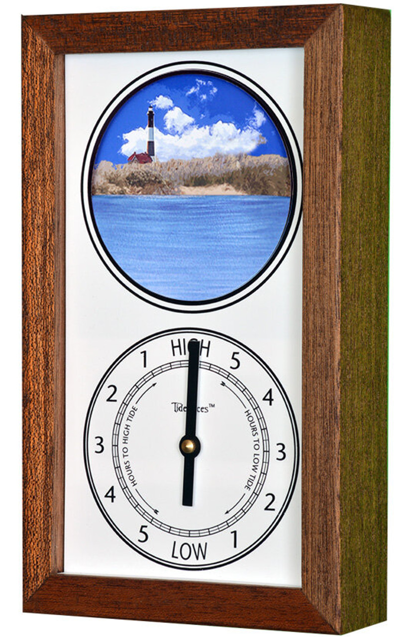 Fire Island Lighthouse (NY) Mechanically Animated Tide Clock - Deluxe Mahogany Frame