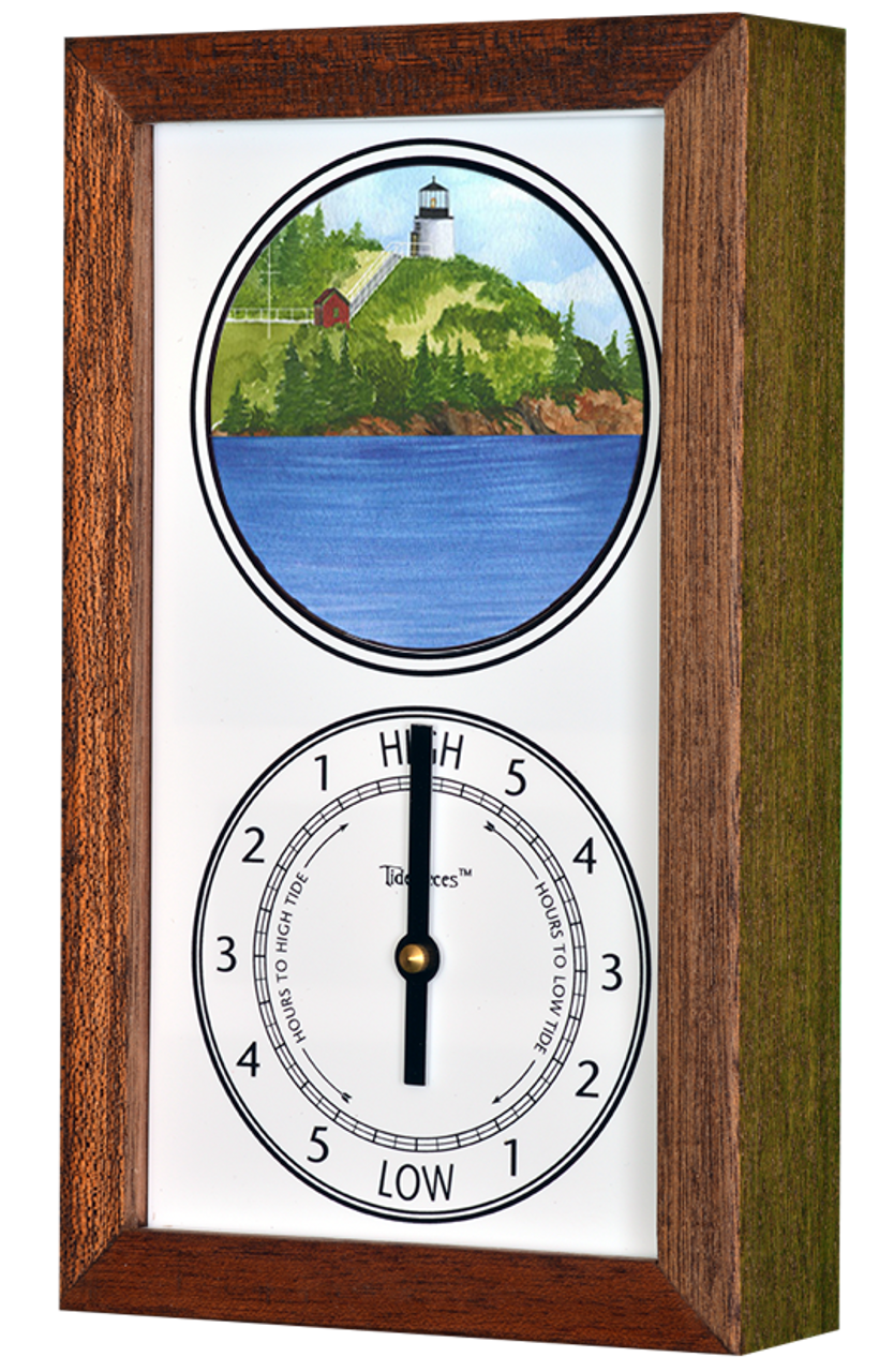 Owls Head Lighthouse (ME) Mechanically Animated Tide Clock - Deluxe Mahogany Frame