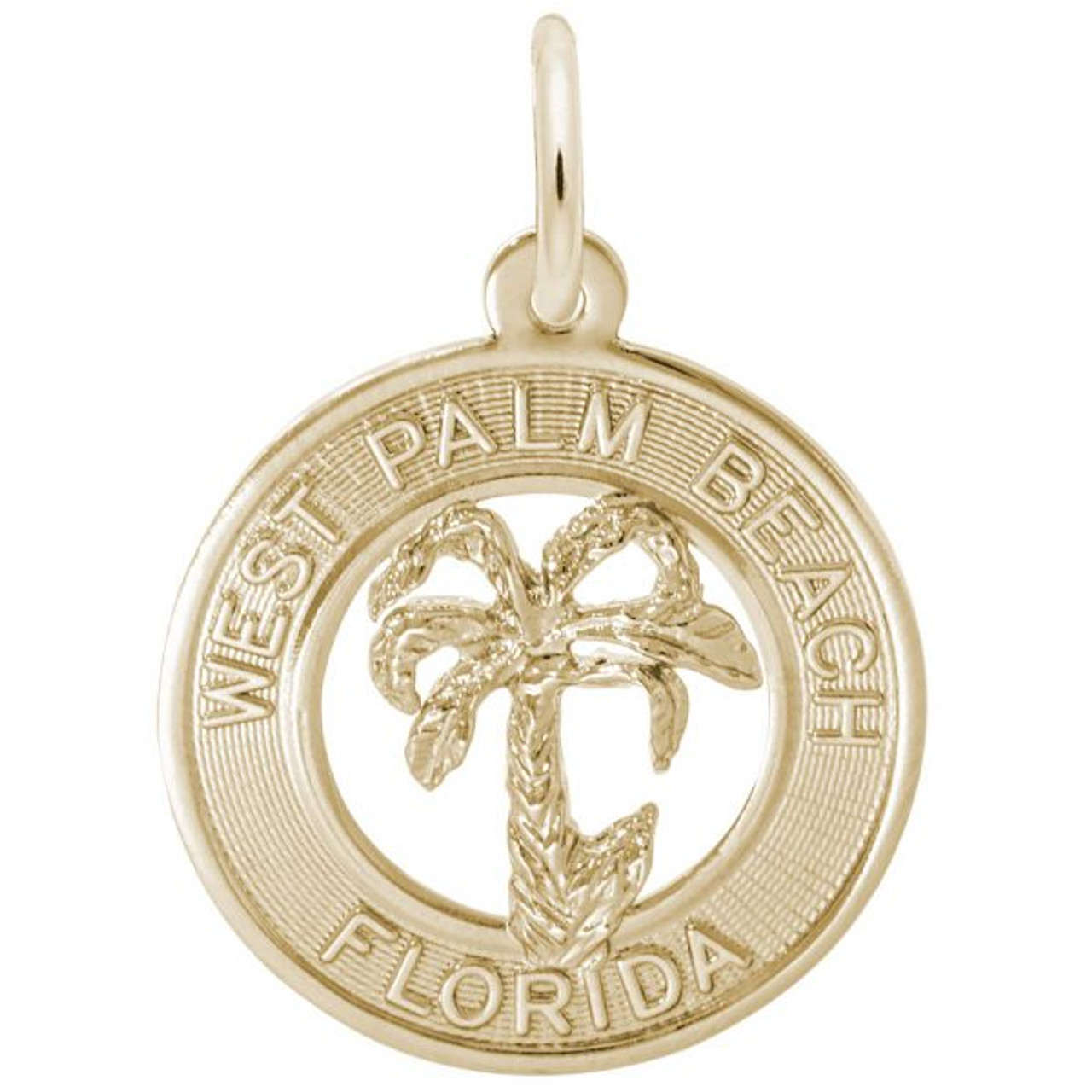 West Palm Beach Florida Palm Tree Circle Gold Charm - Gold Plate, 10k Gold, 14k Gold