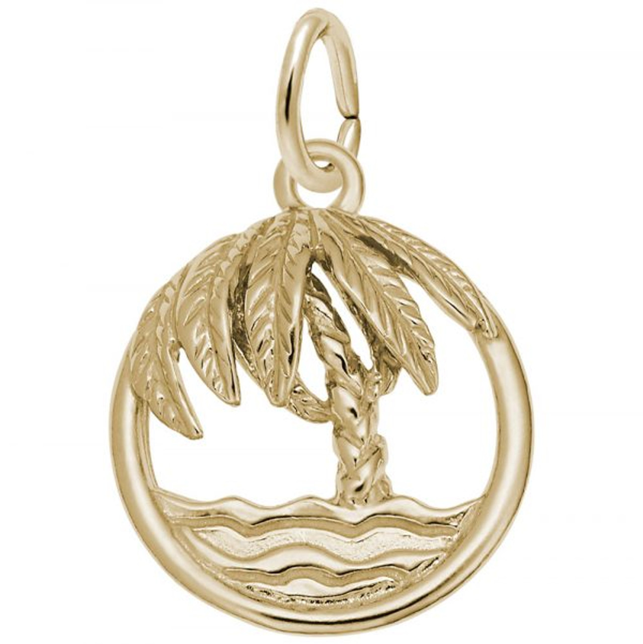 Beach Palm Tree Circle Gold Charm - Gold Plate, 10k Gold, 14k Gold