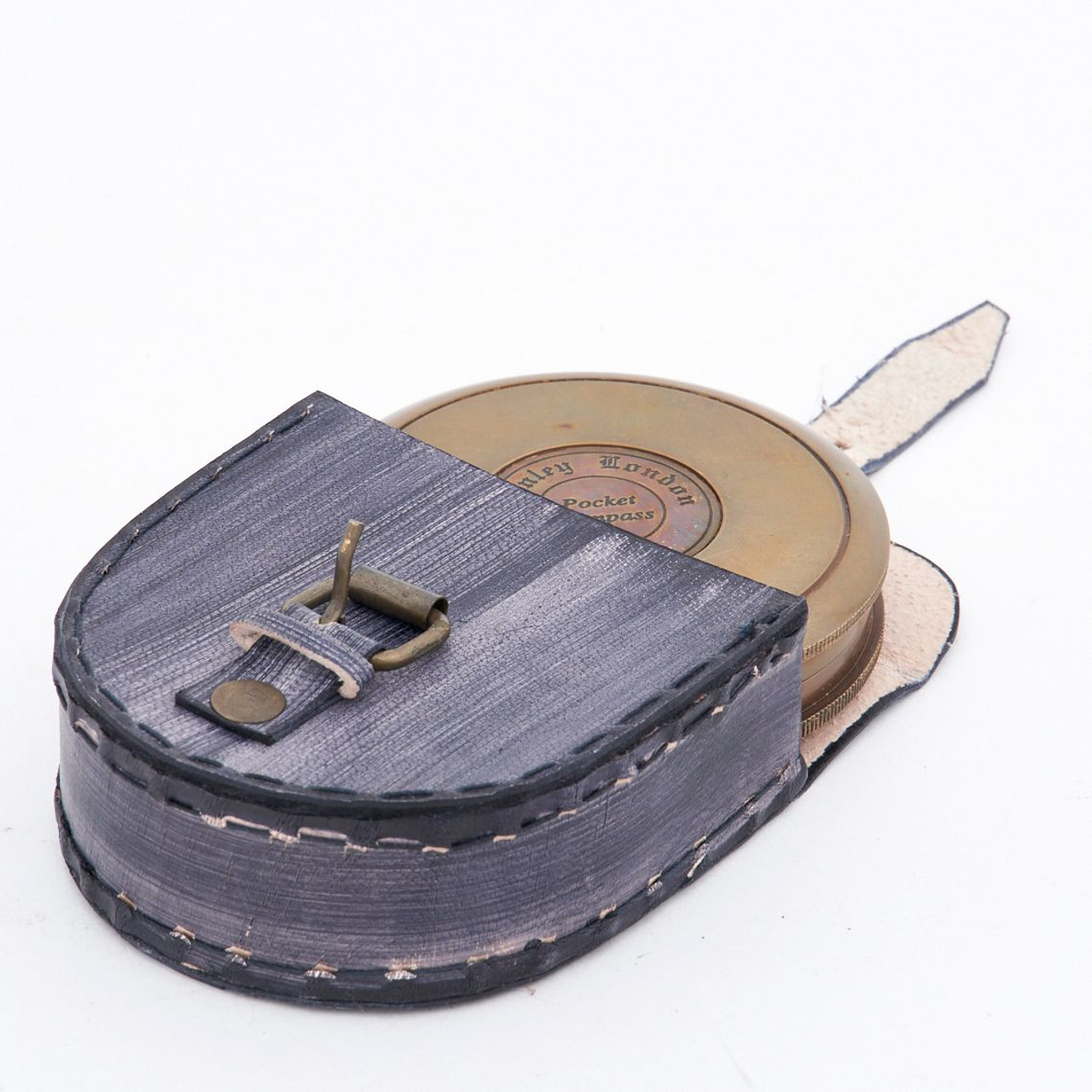 Compass w/Lid & Leather Case - Antiqued Brass