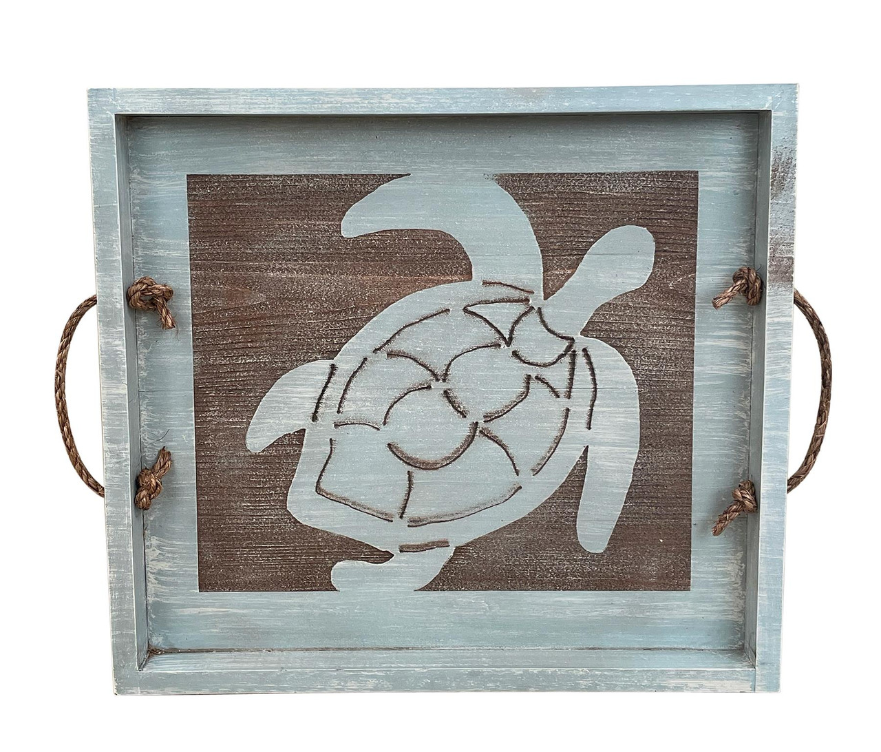 Cool Weathered Wooden Serving Tray with Etched Turtle and Rope Accent - 20"