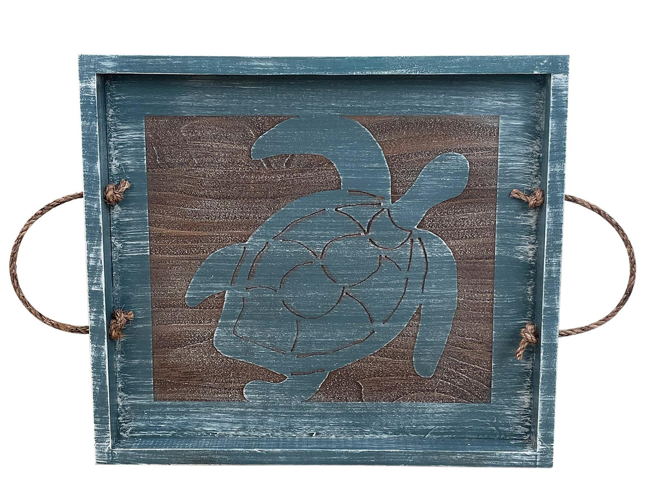 Stained Weathered Wooden Serving Tray with Etched Turtle and Rope Accent - 20"
