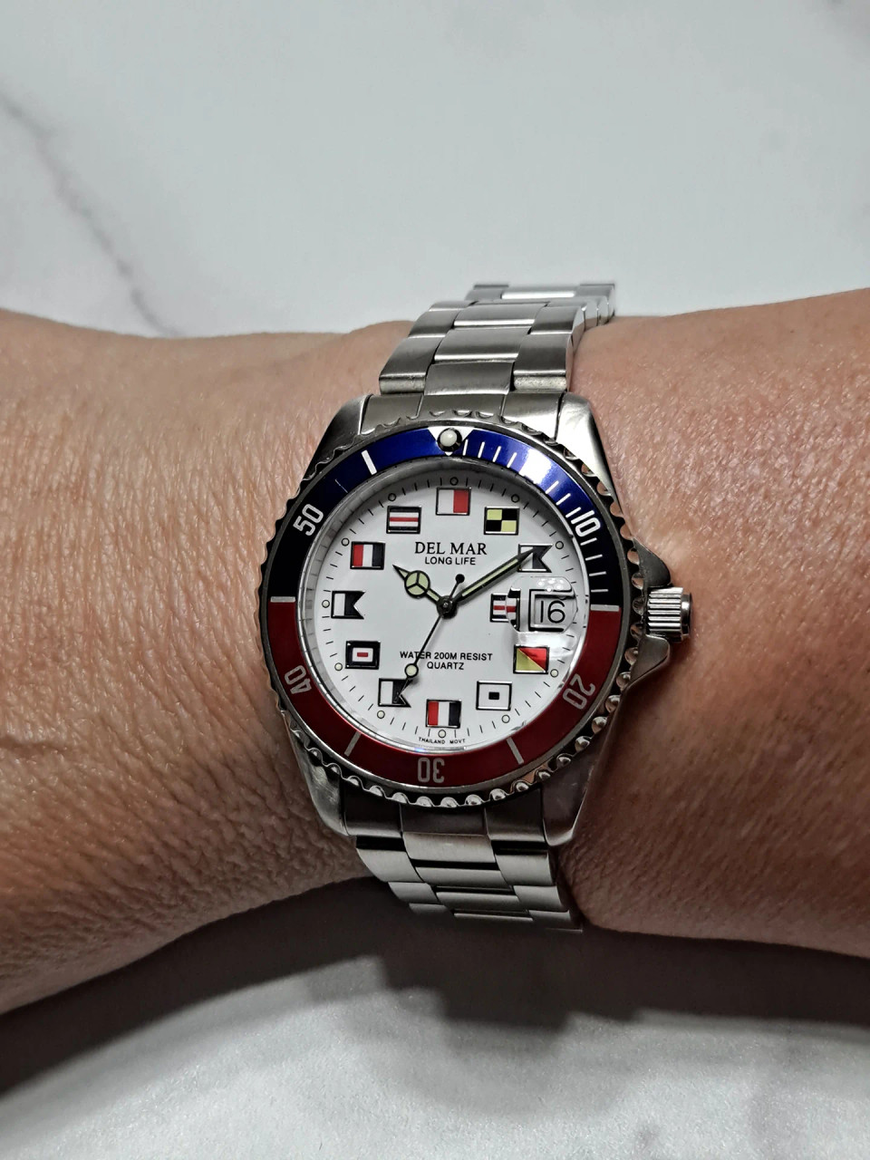 Men's Long Life Nautical Blue & Red Bezel, SS Band Watch