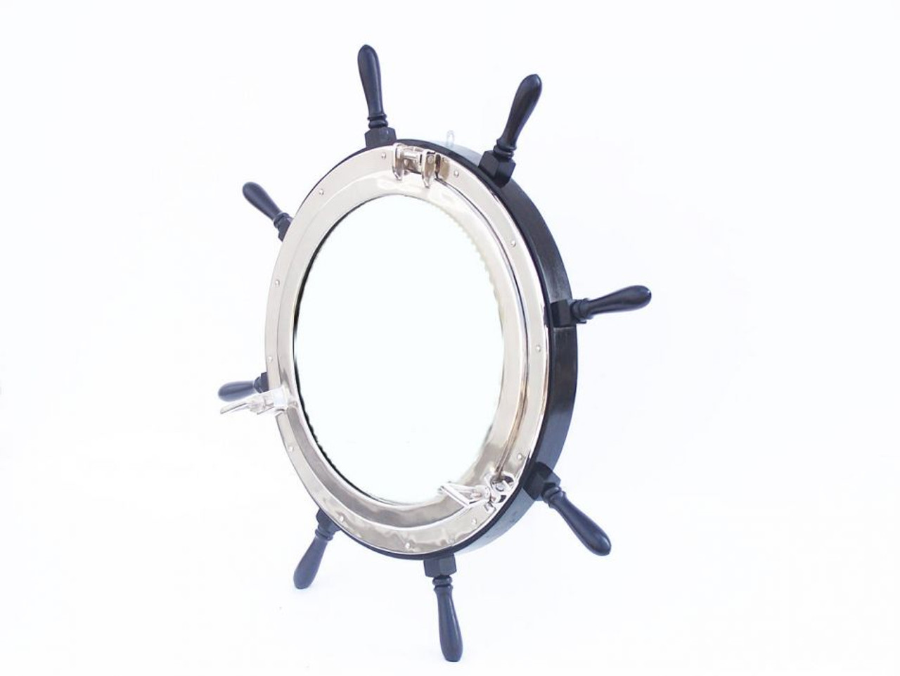 Deluxe Wood and Chrome Ship Wheel Porthole Mirror 36"