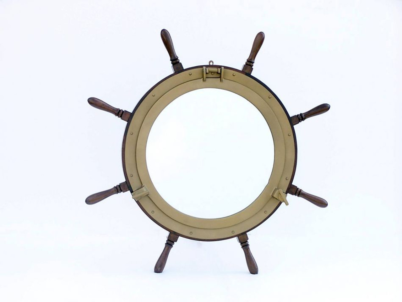 Deluxe Wood and Antique Brass Ship Wheel Porthole Mirror 36"