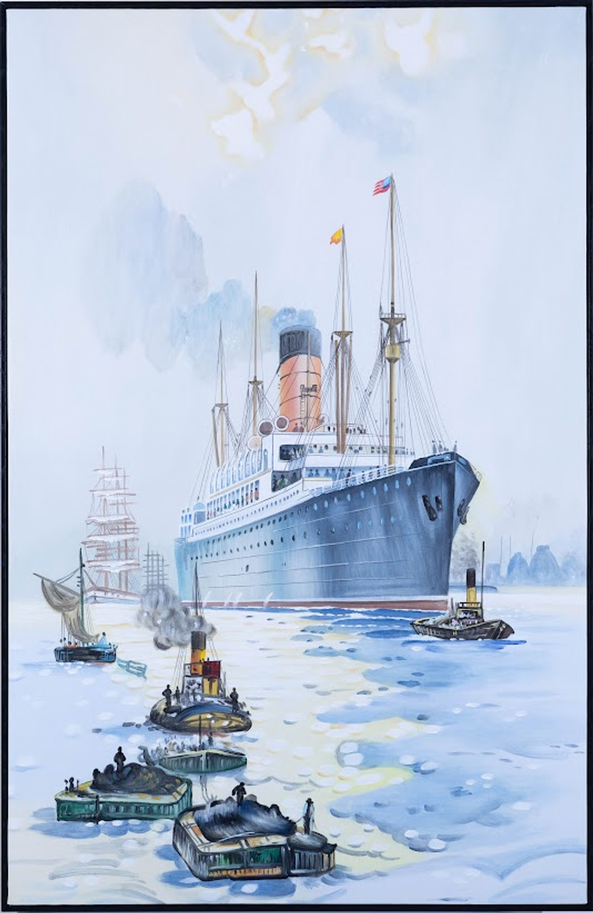 Nautical Oil Painting - The Cunard Liner Carpathia Outward Bound from Liverpool in Moonlight