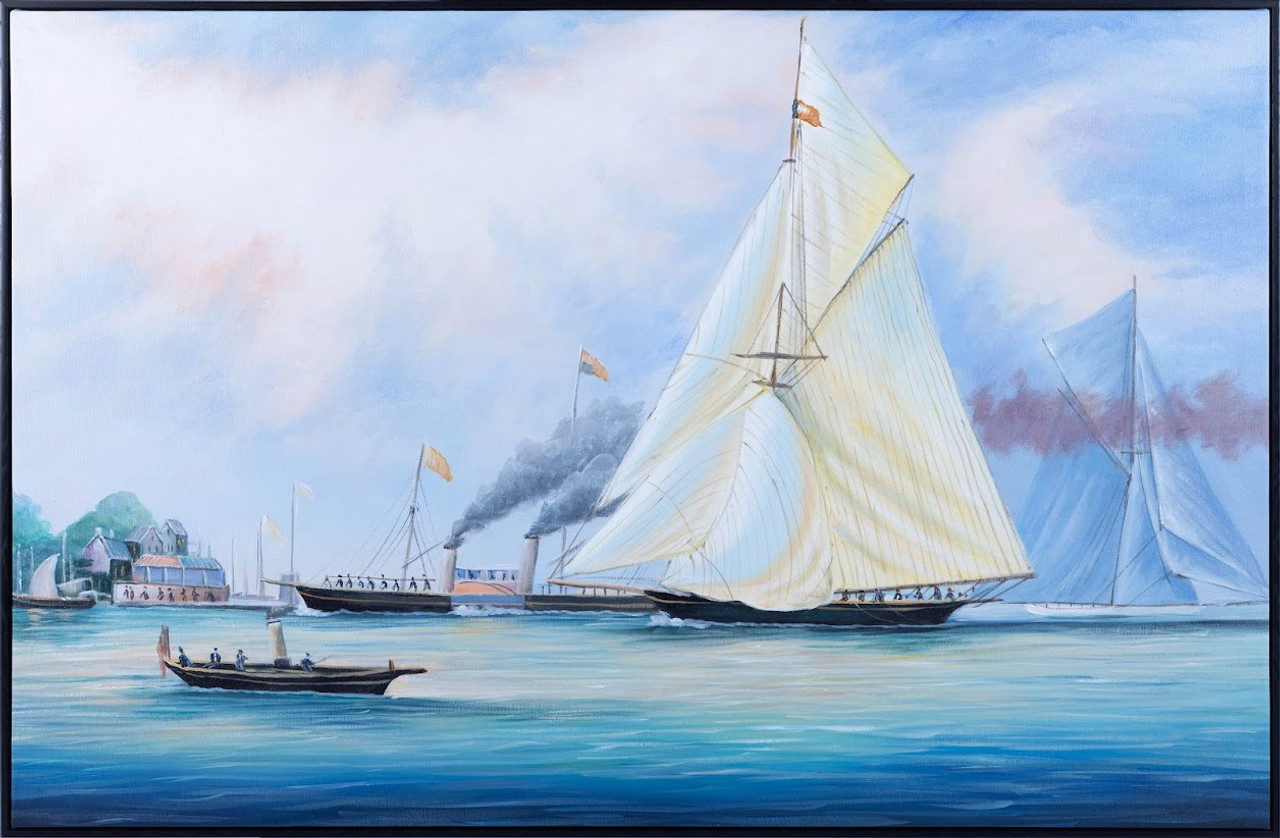 Nautical Oil Painting - Britannia and Vigilant off the Royal Yacht Squadron's Headquarters