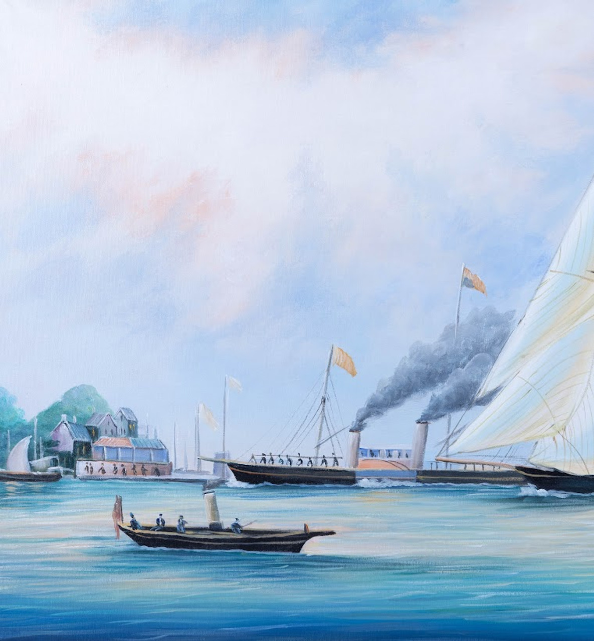 Nautical Oil Painting - Britannia and Vigilant off the Royal Yacht Squadron's Headquarters - Closeup 1