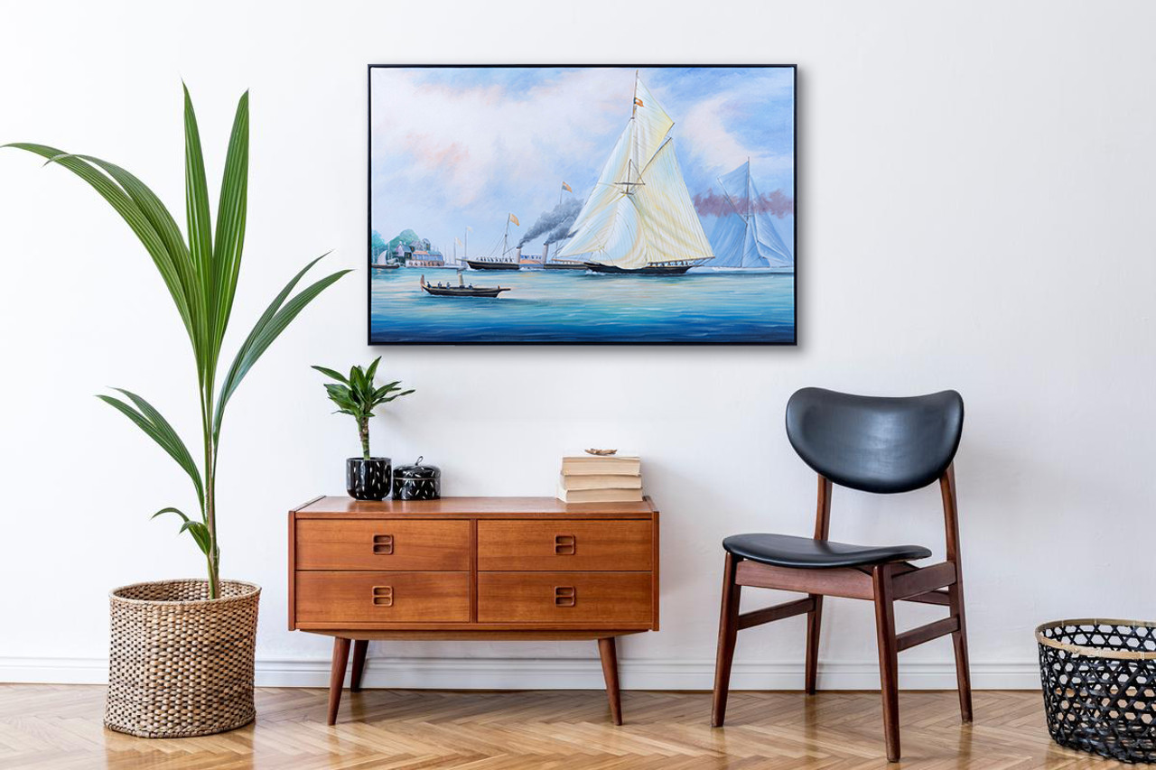 Nautical Oil Painting - Britannia and Vigilant off the Royal Yacht Squadron's Headquarters - Lifestyle 2