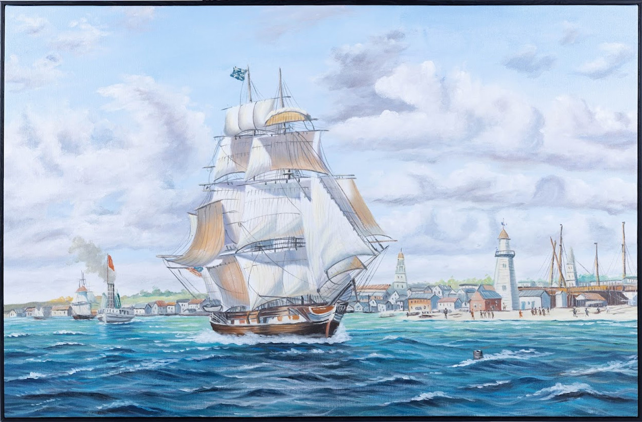 Nautical Oil Painting - Whaler 'Lexington' Leaving Nantucket