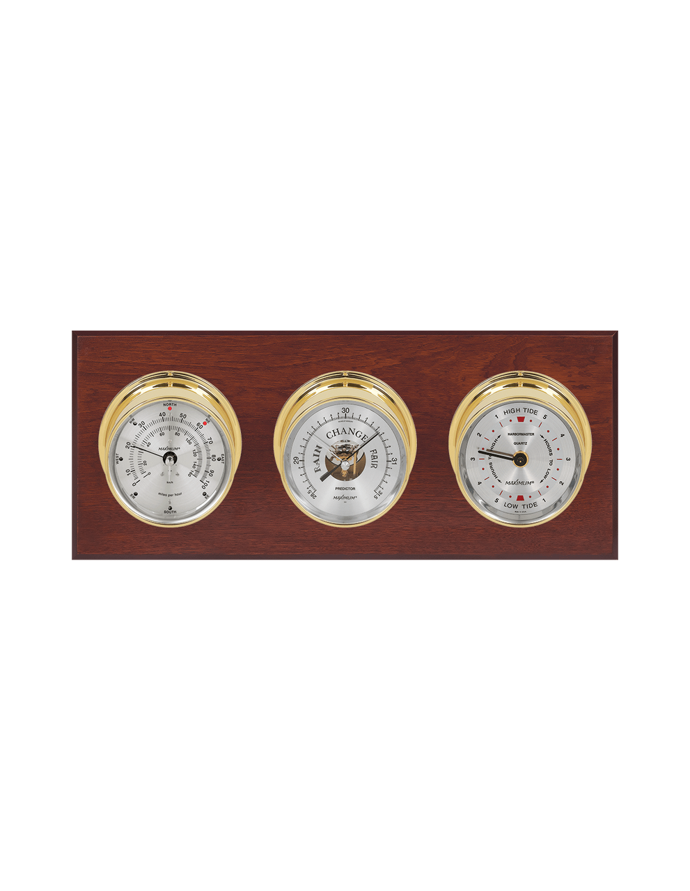 Newport Wind, Thermometer, and Tide Weather Station - 3 Instruments - PVD Brass  - Mahogany - Reads 0-100 mph