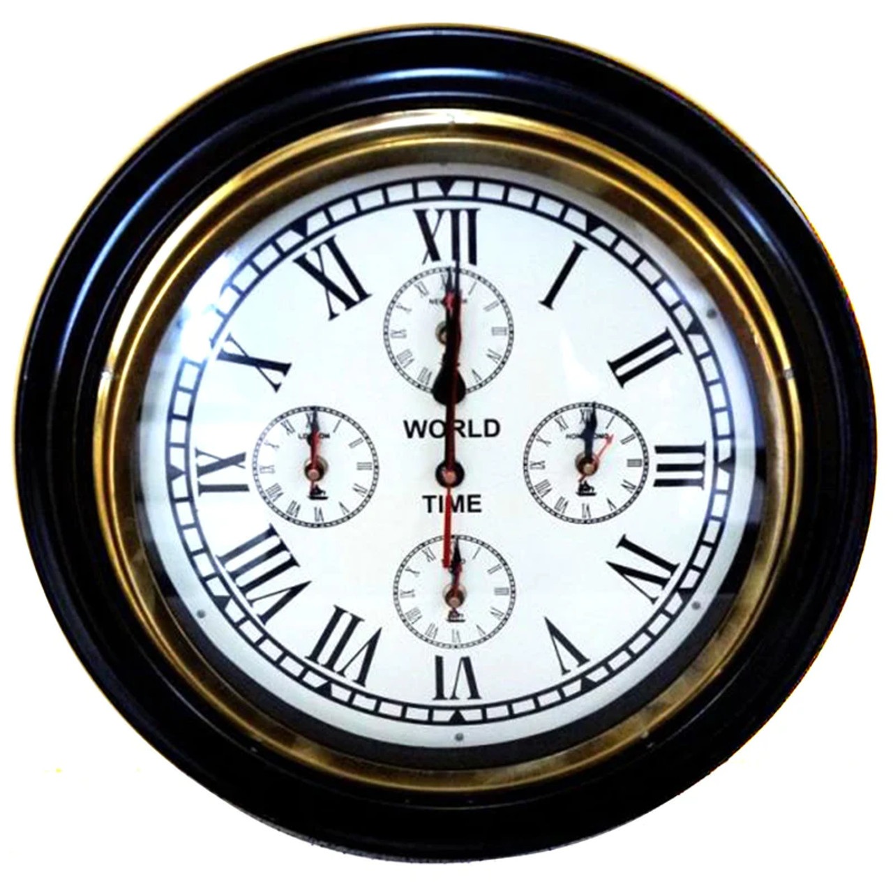 Handmade  Brass & Wood World Time Wall Clock - 16"