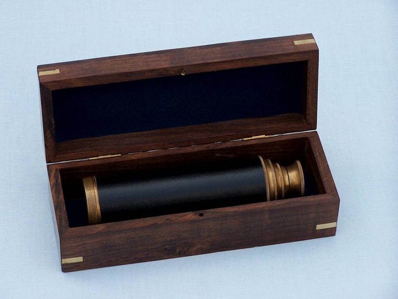 Deluxe Class Antique Brass Captains Spyglass Telescope with Leather 15" and Rosewood Box