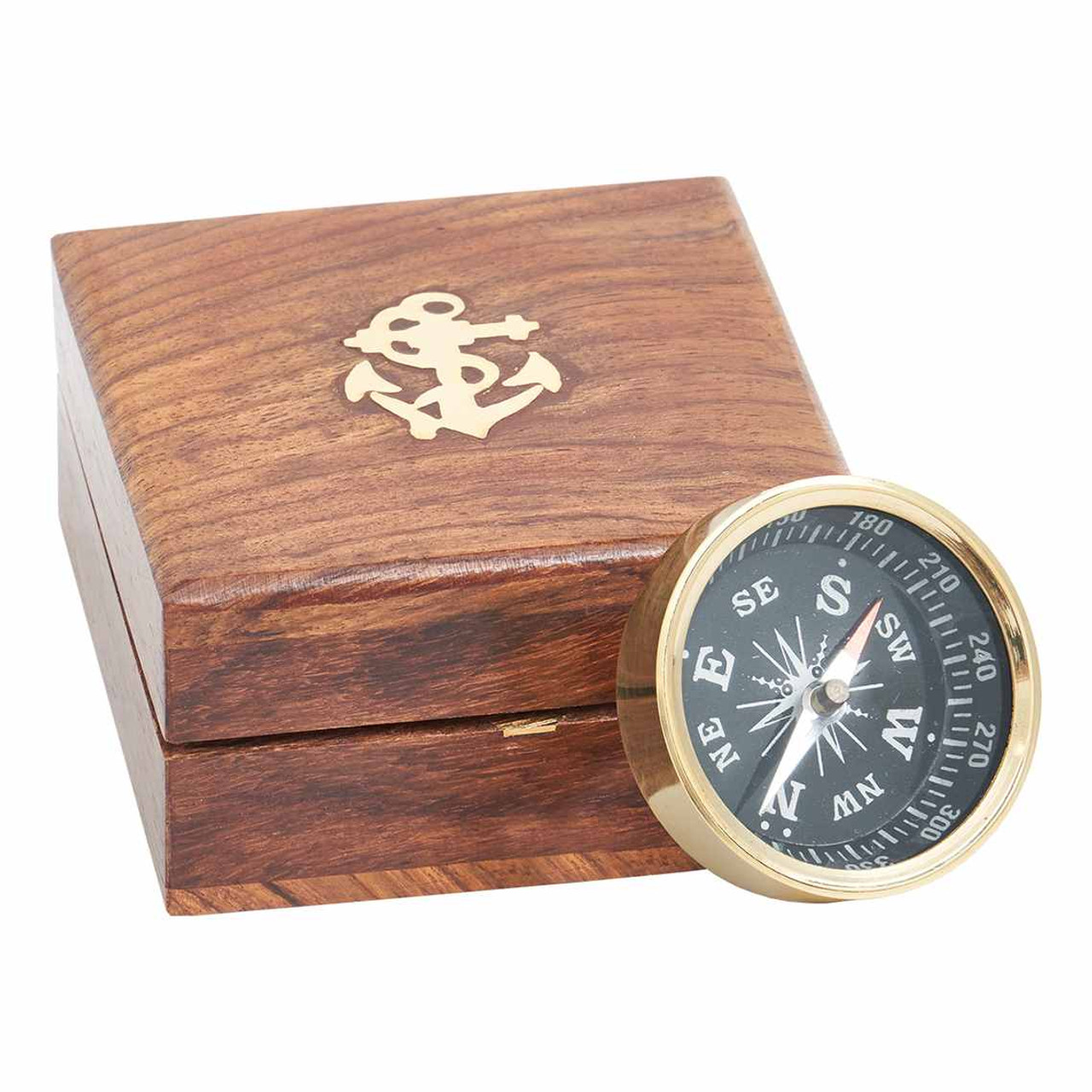 Compass with Black Face & Inlaid Wood Box - Brass