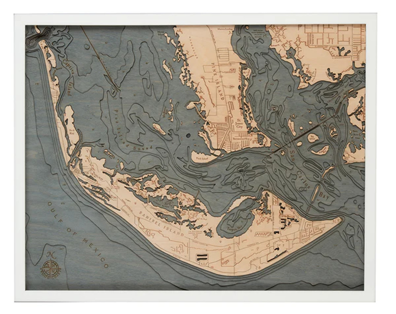 Sanibel Island, FL - 3D Nautical Wood Chart