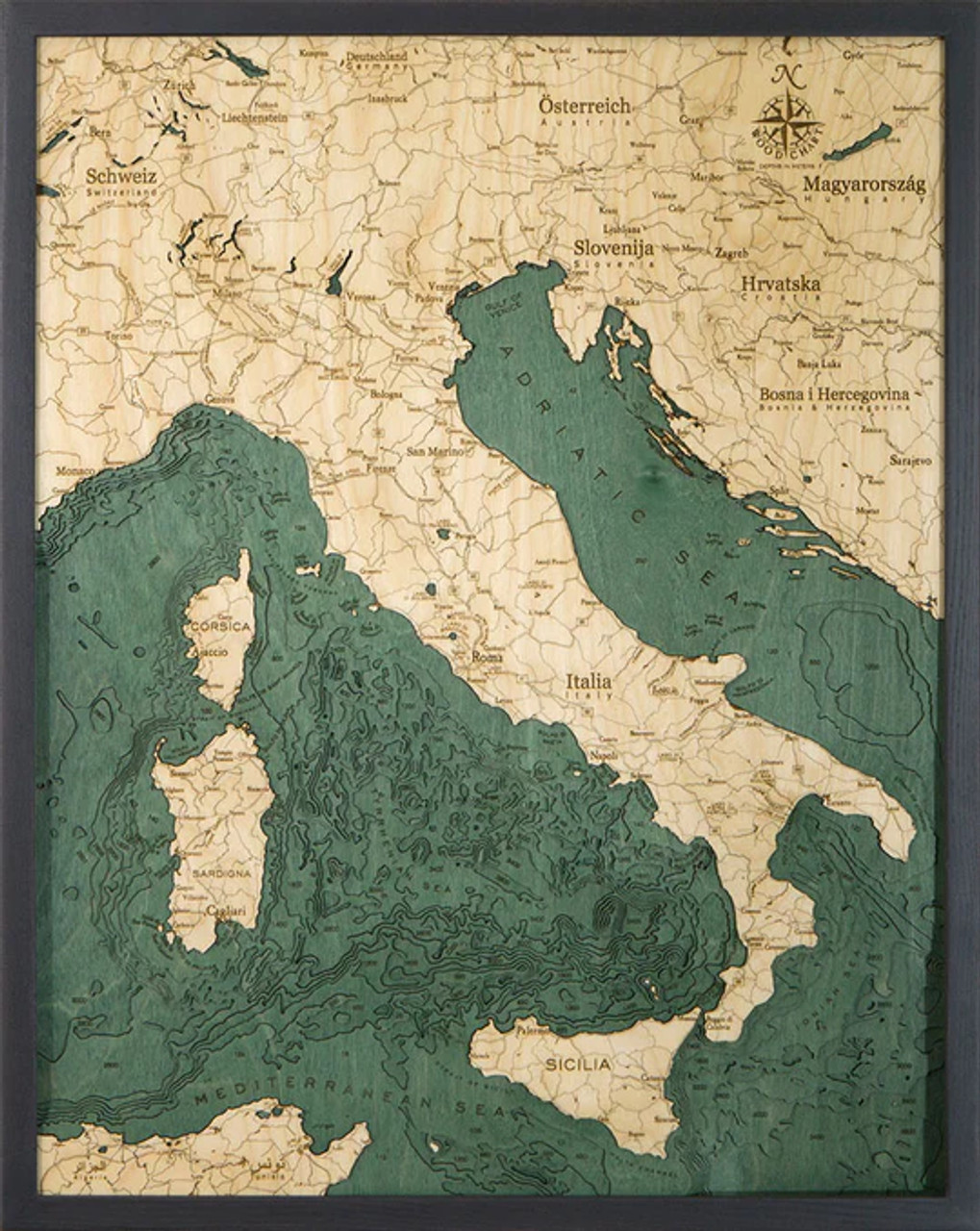 Italy - 3D Nautical Wood Chart