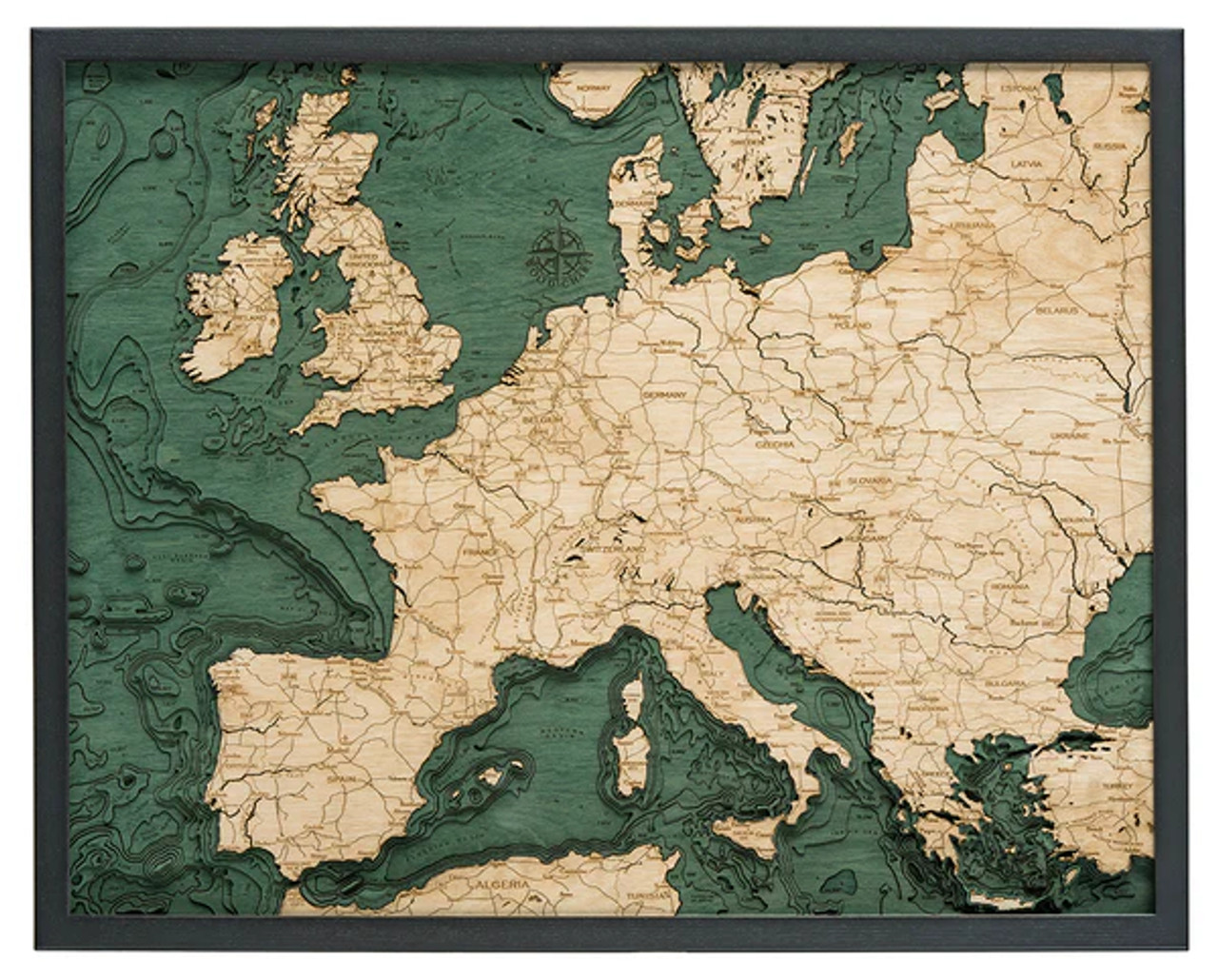 Western Europe  - 3D Nautical Wood Chart