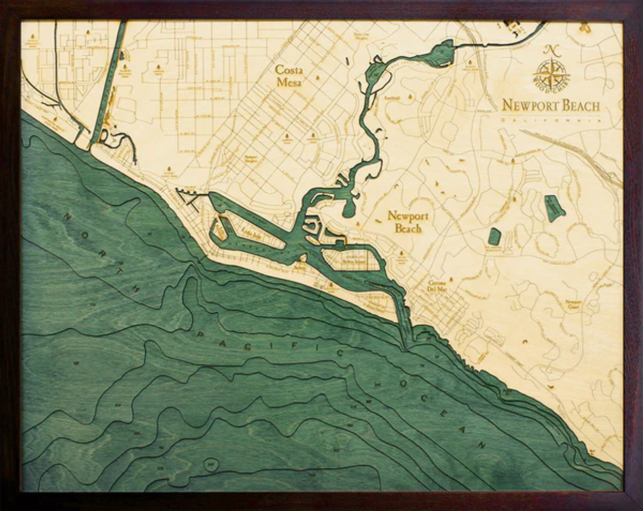 Newport Beach, California - 3D Nautical Wood Chart