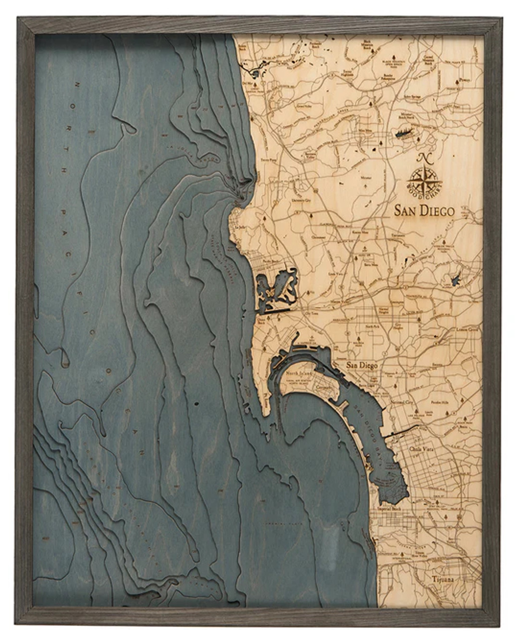 San Diego, California - 3D Nautical Wood Chart