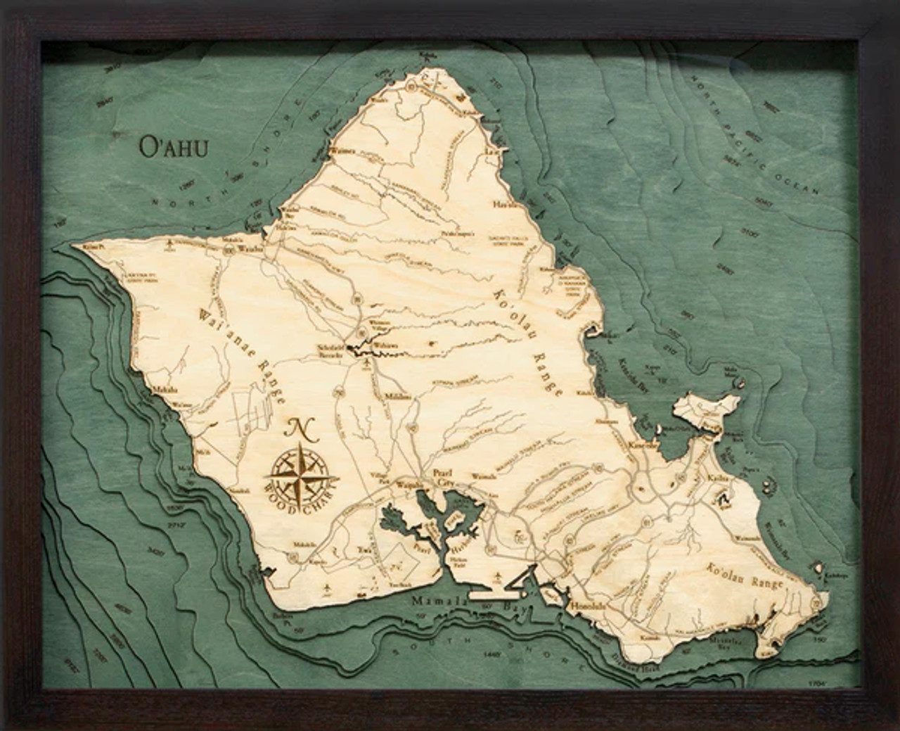 Oahu, Hawaii - 3D Nautical Wood Chart
