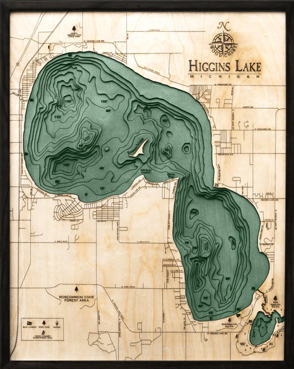 Higgins Lake, Michigan - 3D Nautical Wood Chart