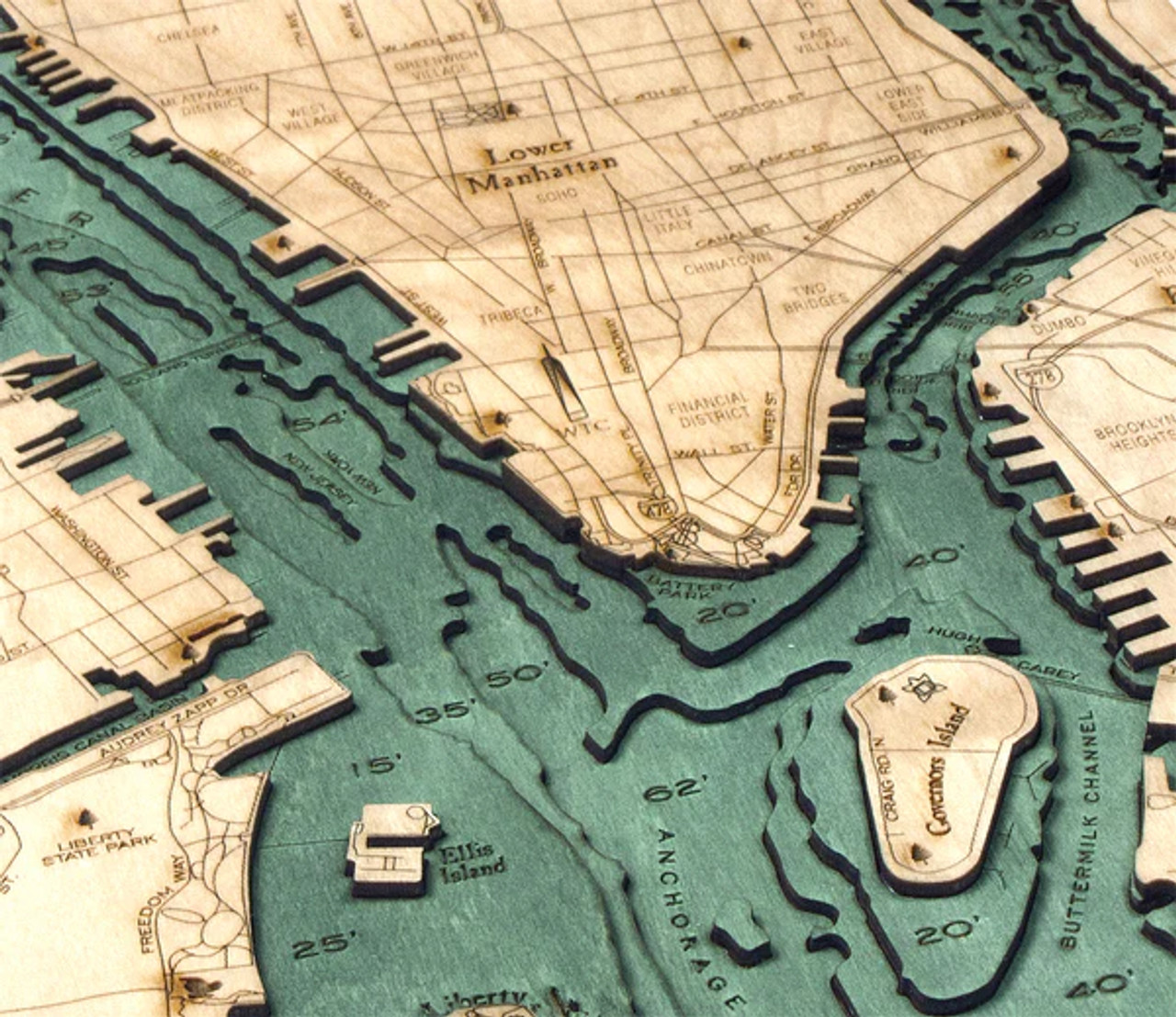 Manhattan, New York -  3D Nautical Wood Chart