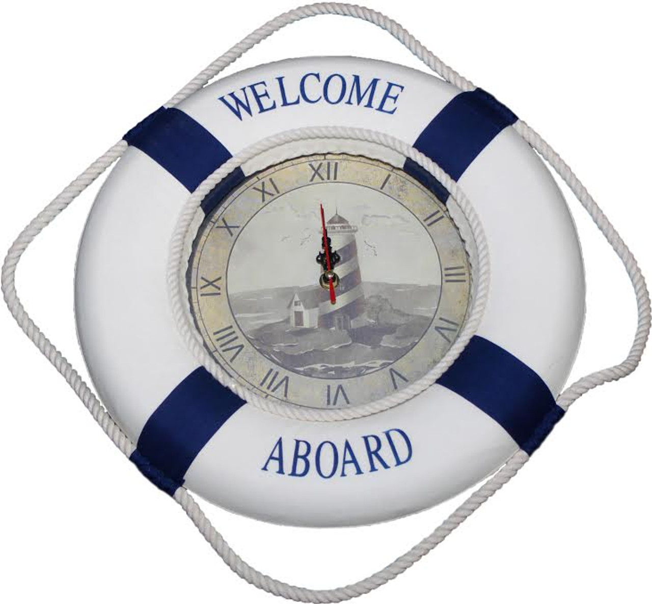 Life Ring Clock with Lighthouse Scene - "Welcome Aboard"