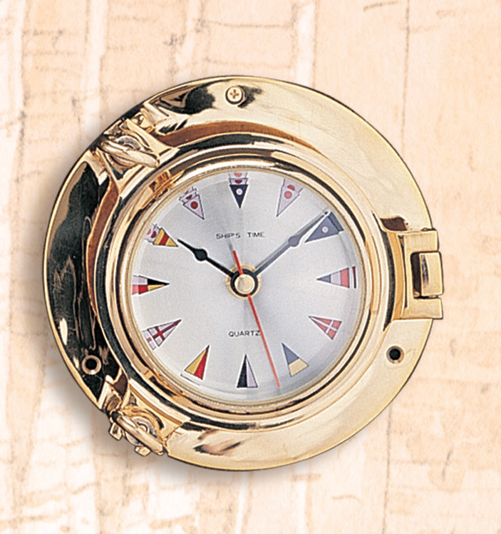 7 1/2" Porthole Clock W/ Nautical Flag Face, Beach Home & Boating