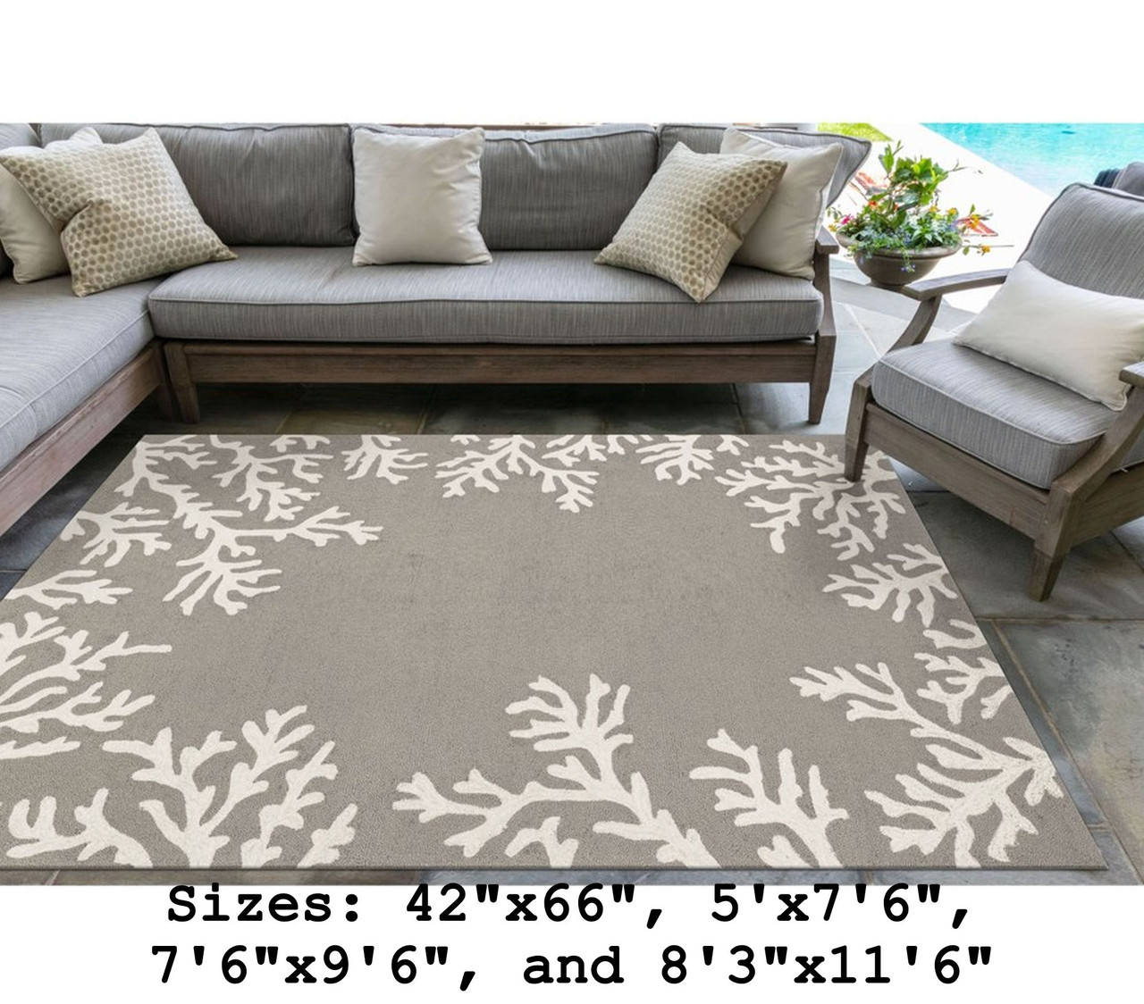 Capri Coral Border Indoor/Outdoor Rug -  Silver - Large Rectangle Lifestyle
Available in 11 Sizes