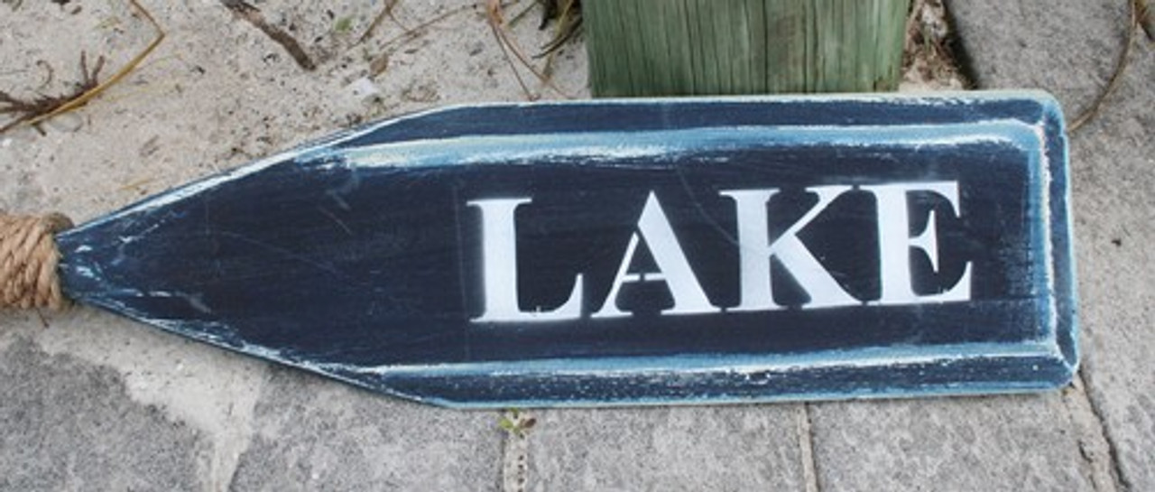 Hand Painted Wood Paddle With Rope White/Navy "Lake" in White