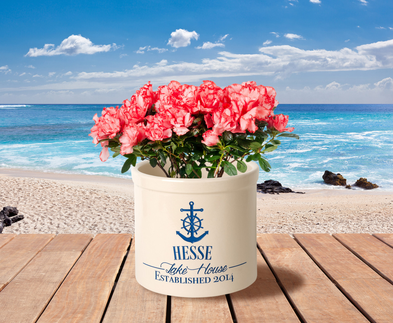 Personalized Stoneware Crock with Anchor and Ship Wheel - "Lake House"