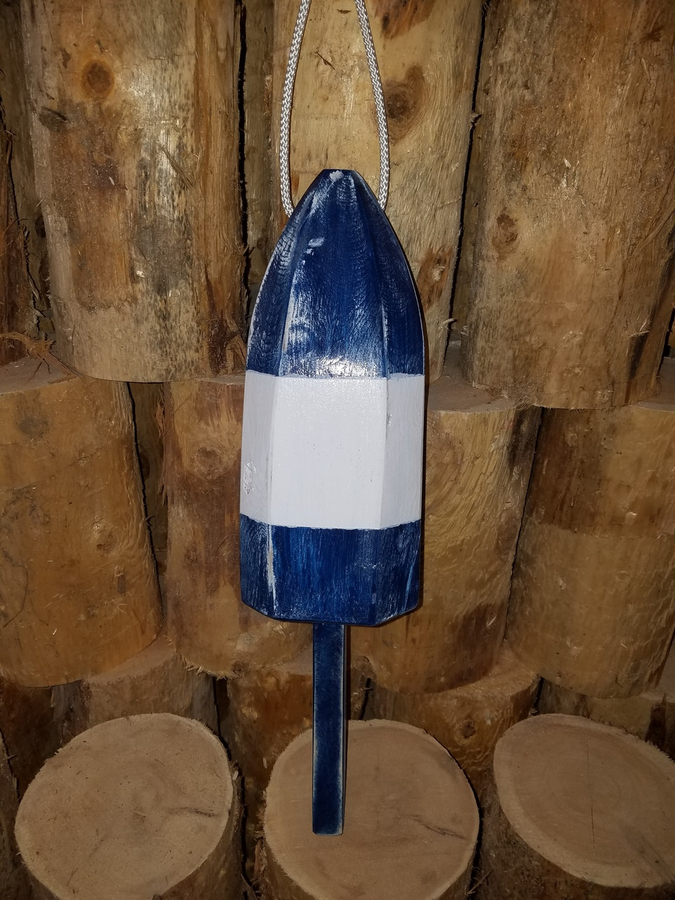 Wooden Lobster Buoy - 21" - Blue with White Band