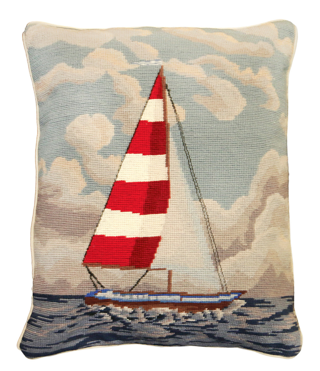 Red and White Sailboat Needlepoint Pillow