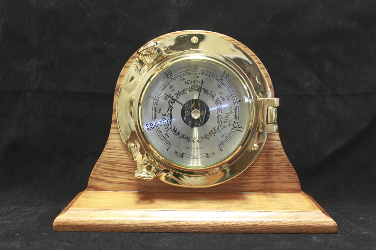 Brass Porthole Barometer with Wood Base 7.5"